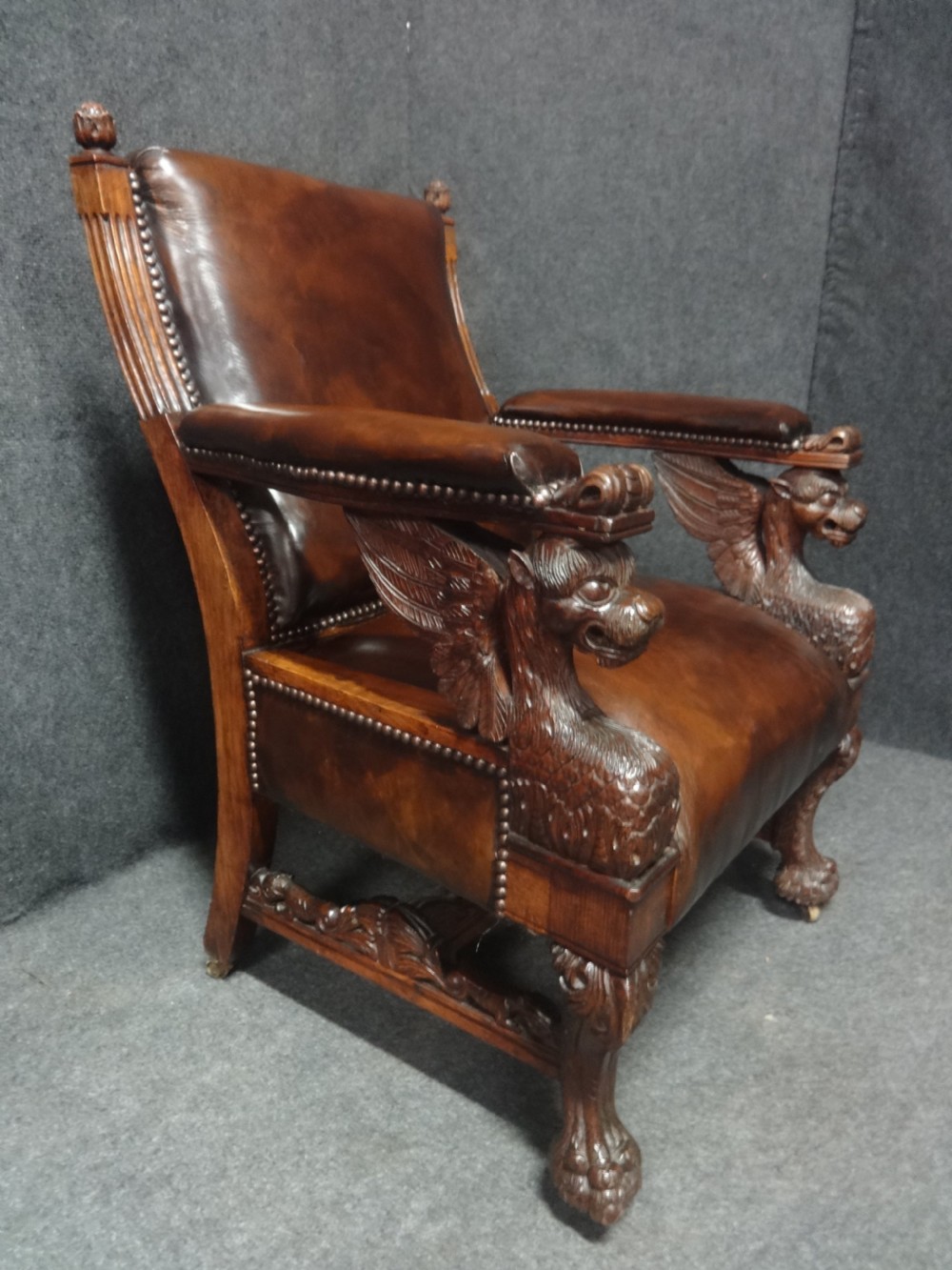 Excellent Pair Leather Covered Library Griffin Chairs View IV