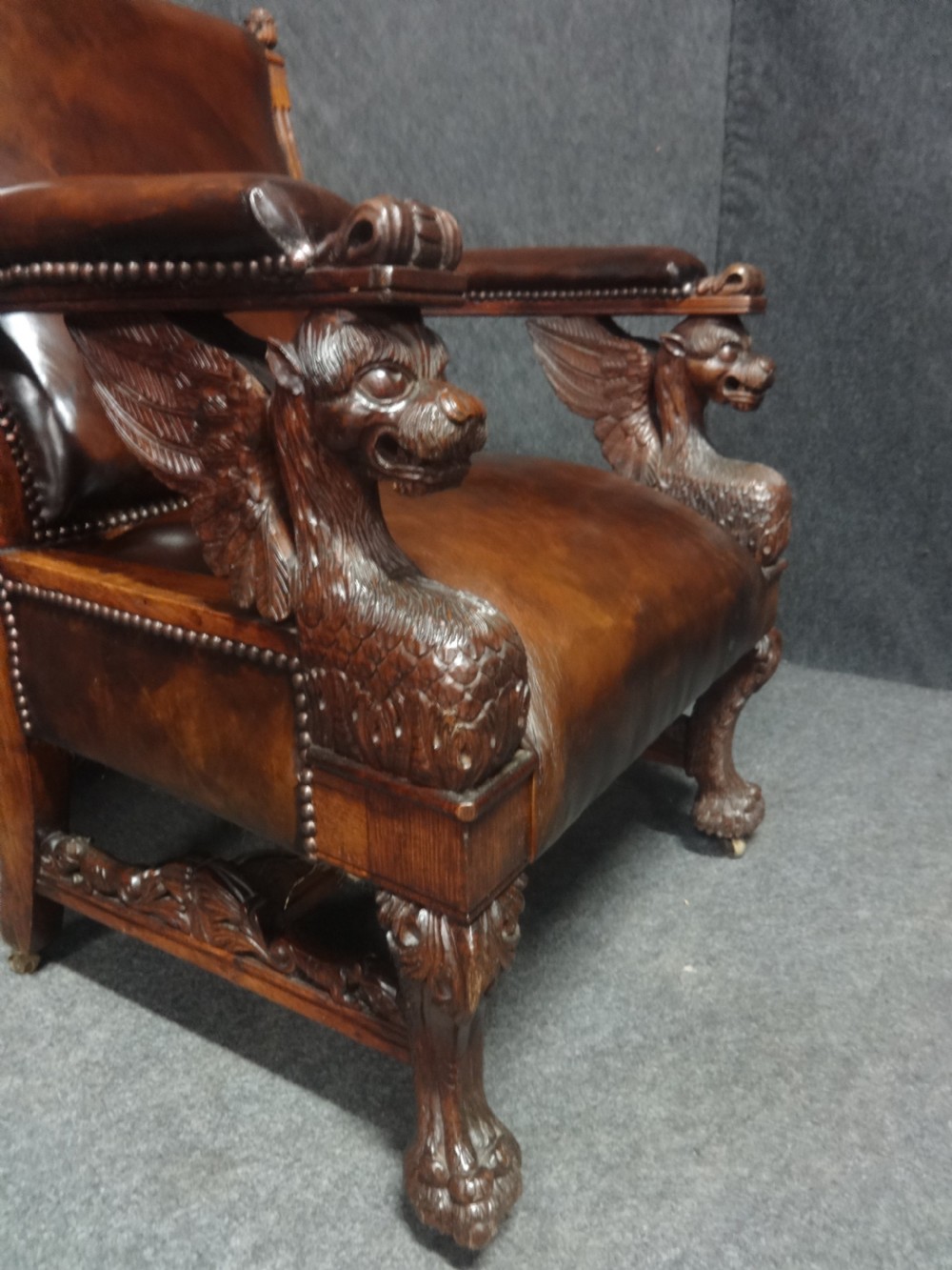 Excellent Pair Leather Covered Library Griffin Chairs View V