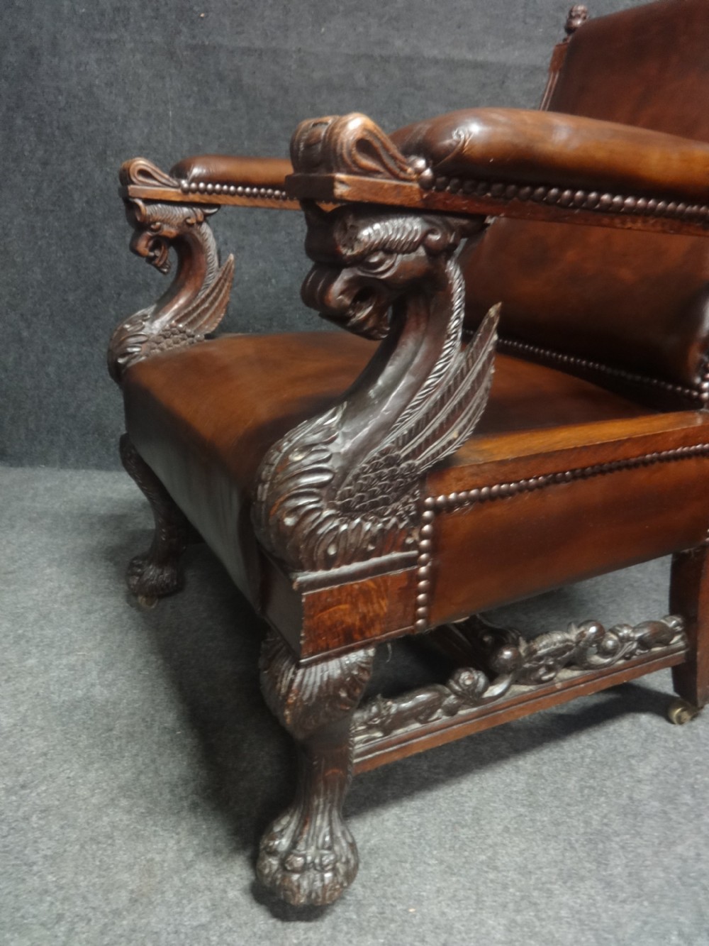 Excellent Pair Leather Covered Library Griffin Chairs View VI