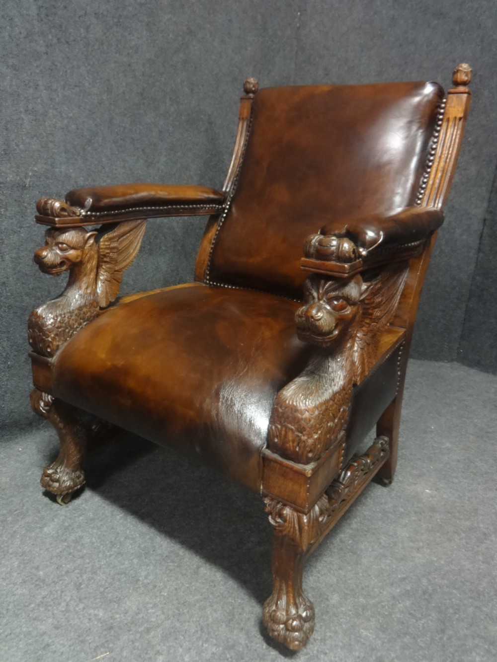 Excellent Pair Leather Covered Library Griffin Chairs View VII