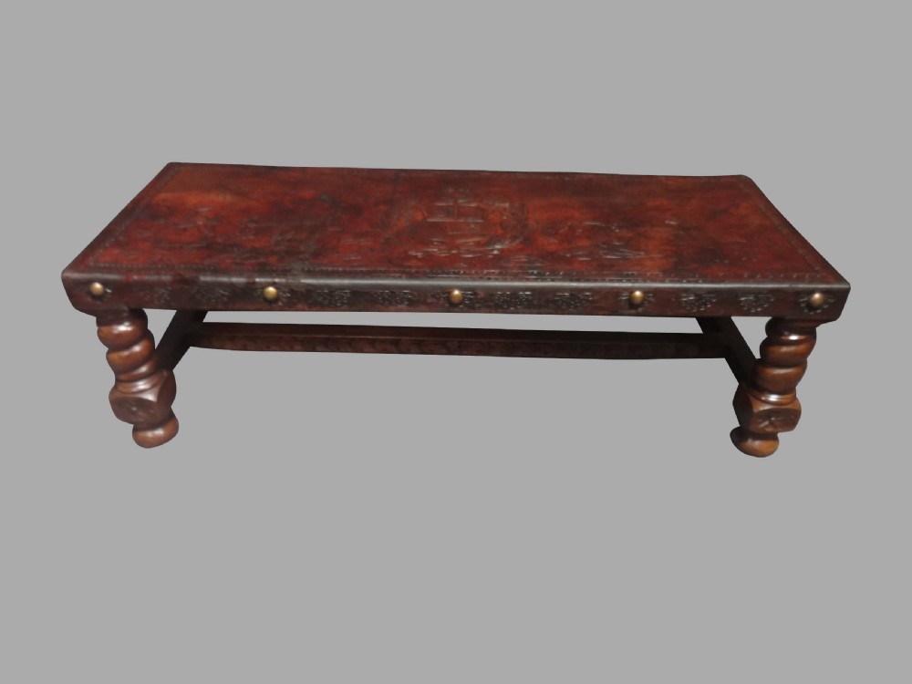 Carved Leather Topped Coffee Table