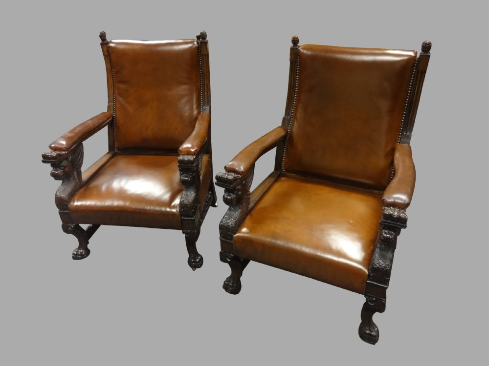 Outstanding Pair Oak and Leather Library Chairs in the manner of Thomas Hope View II