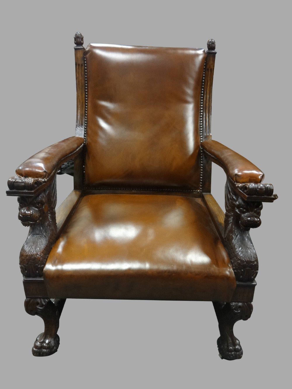 Outstanding Pair Oak and Leather Library Chairs in the manner of Thomas Hope View III