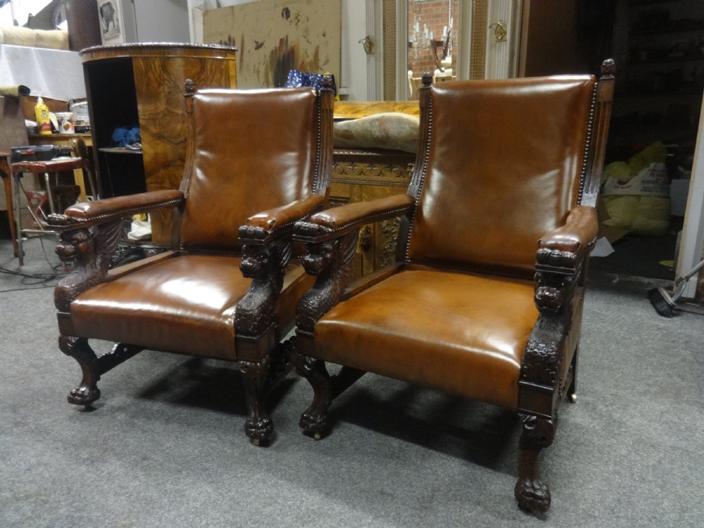 Outstanding Pair Oak and Leather Library Chairs in the manner of Thomas Hope View IV