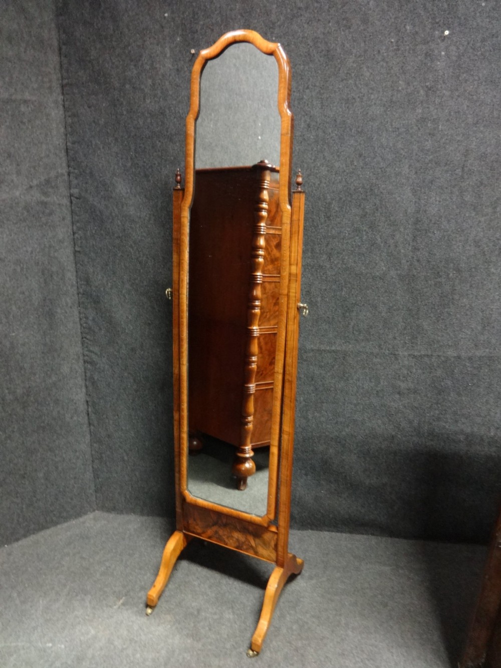Very Good Burr Walnut Cheval Dressing Mirror View II