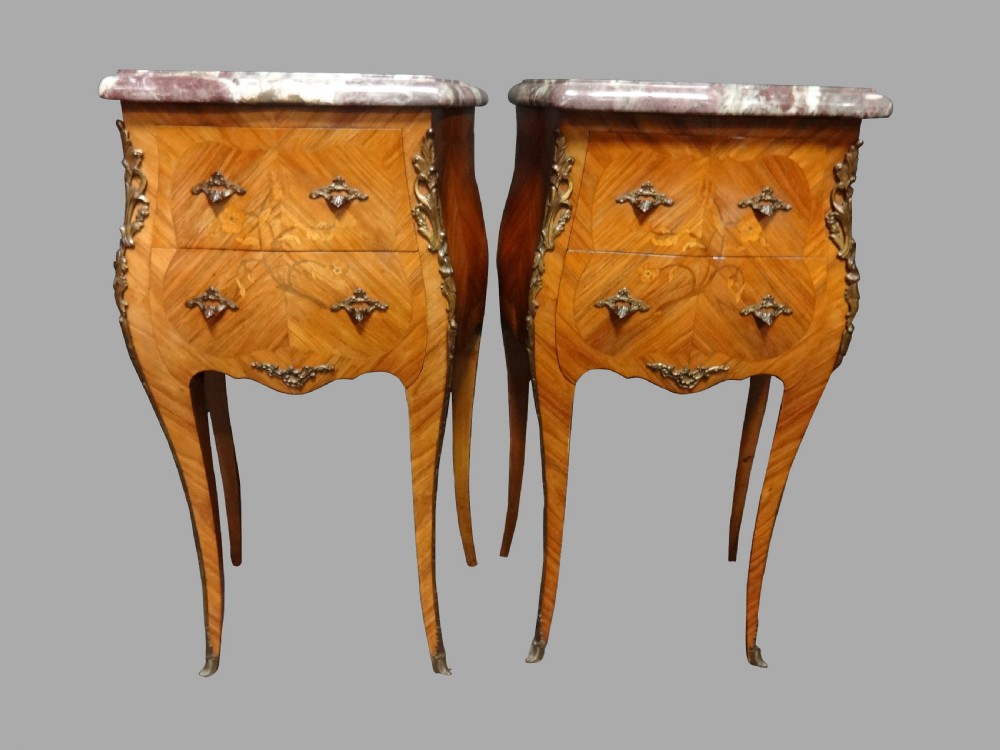 Superb Pair French Tulipwood Marquetry Bedside Lamp Chests of Drawers