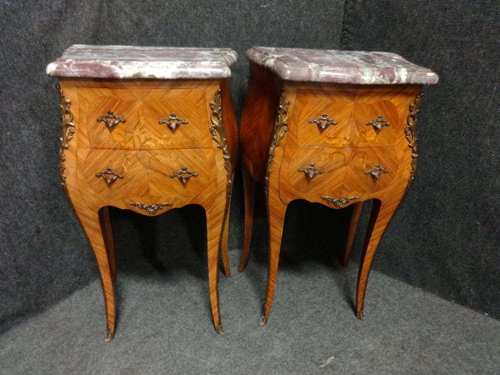 Superb Pair French Tulipwood Marquetry Bedside Lamp Chests of Drawers View II