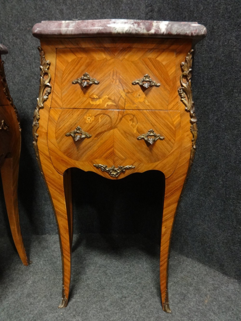 Superb Pair French Tulipwood Marquetry Bedside Lamp Chests of Drawers View III