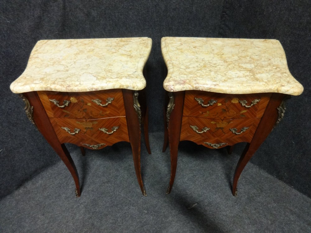 Good Pair French Marquetry Bedside Lamp Chest of Drawers View II