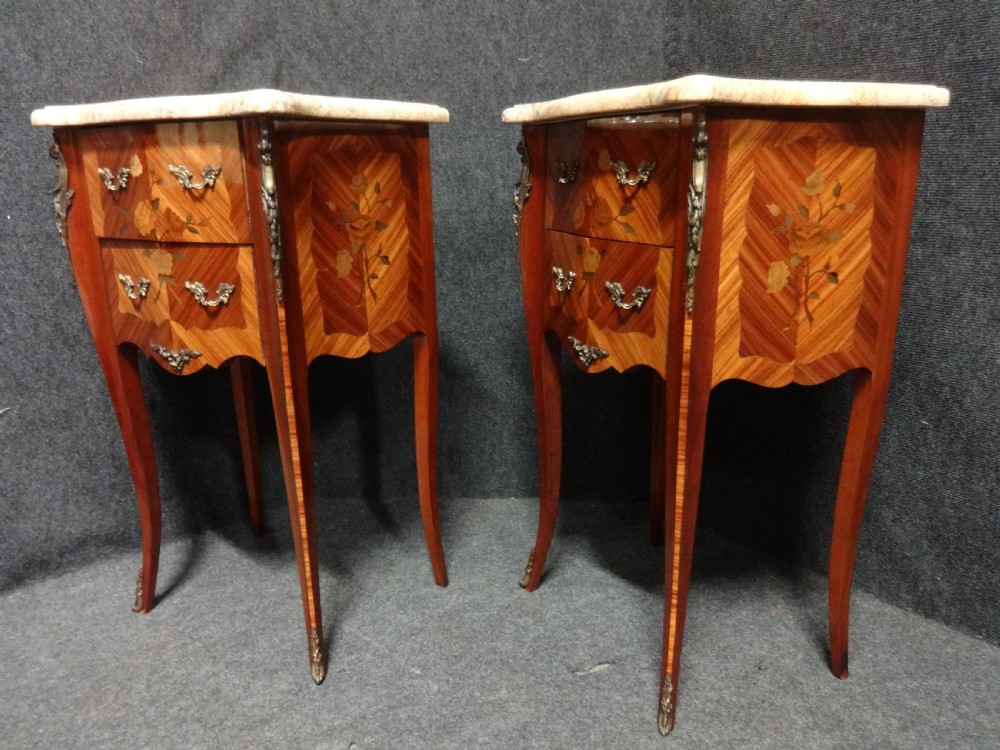 Good Pair French Marquetry Bedside Lamp Chest of Drawers View III