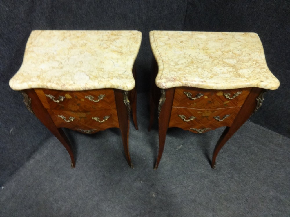 Good Pair French Marquetry Bedside Lamp Chest of Drawers View IV