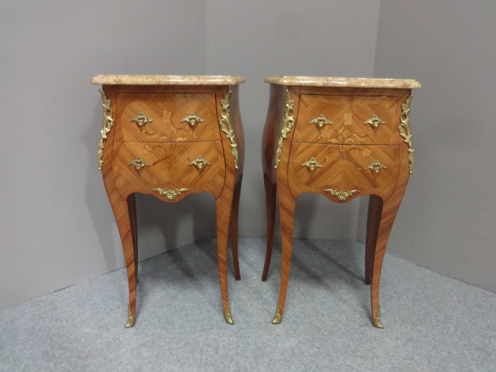 Good Pair French Marquetry Bedside Chests of Drawers