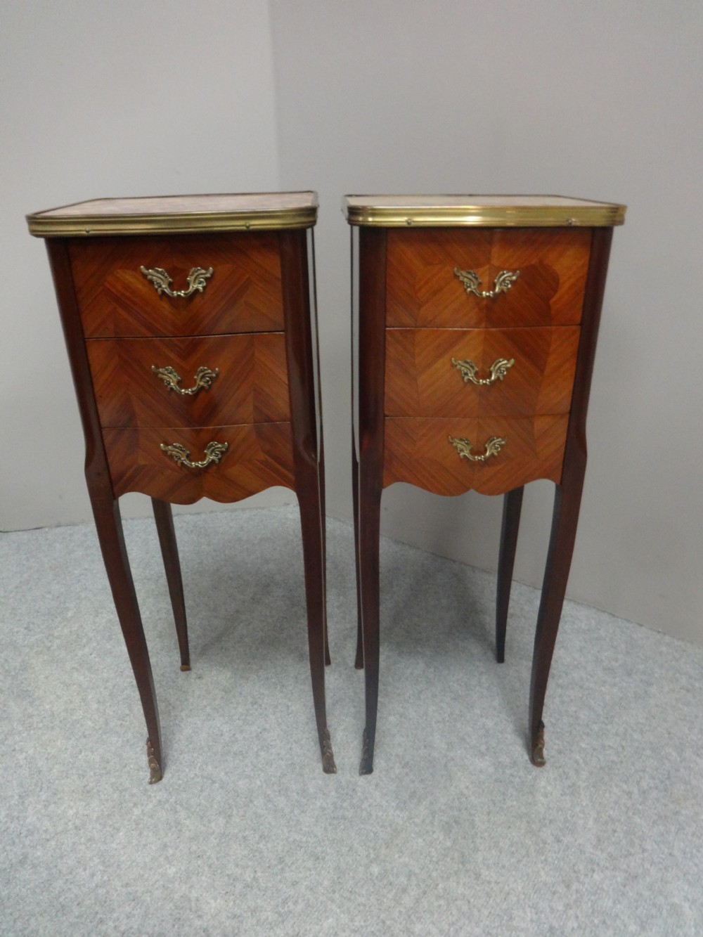 Small Pair French Tulipwood Bedside Lamp Chests of Drawers