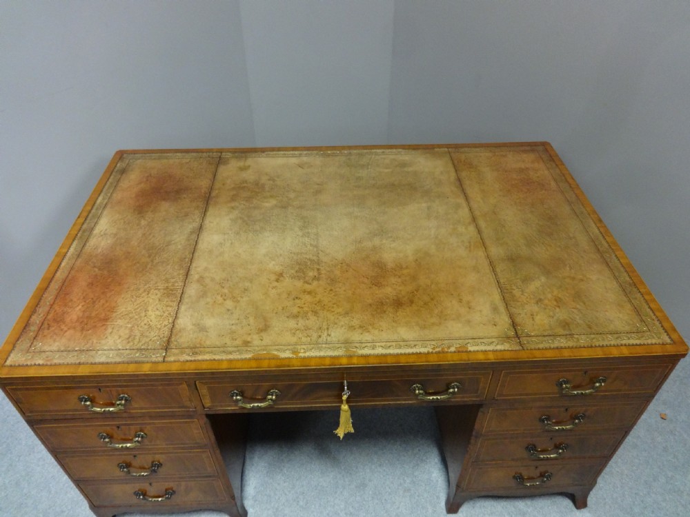 Outstanding Edwardian Inlaid Mahogany Partners Desk View VI