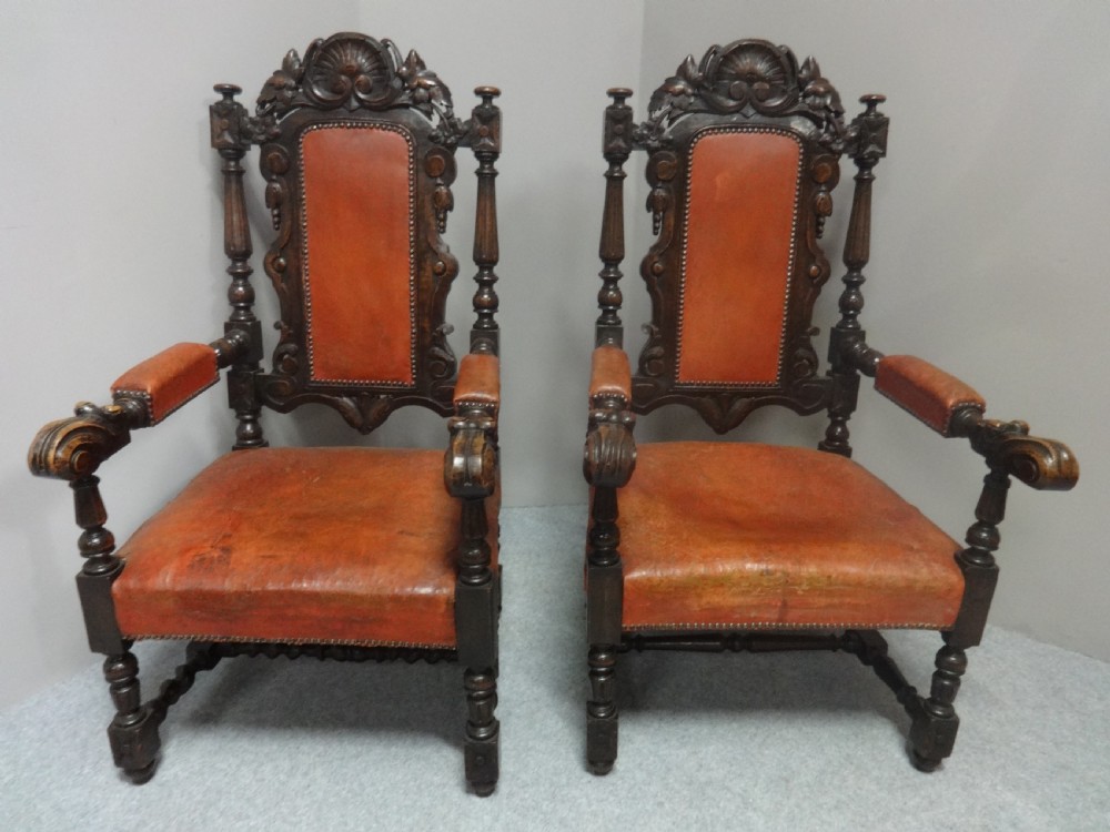 Good Pair Leather Covered Oak Throne Carver Chairs