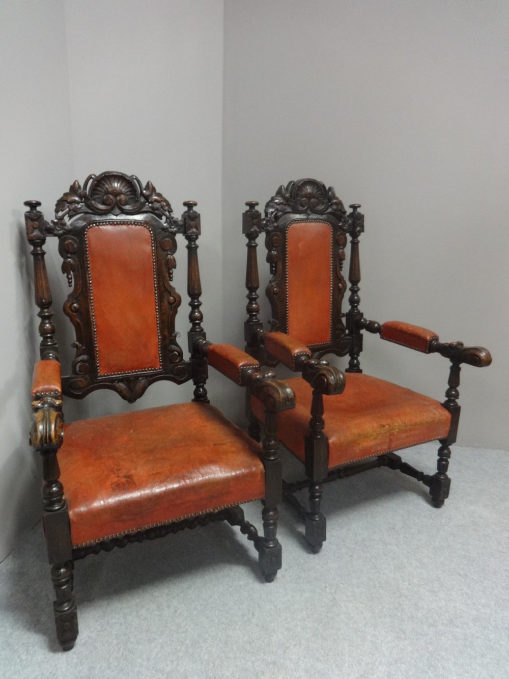 Good Pair Leather Covered Oak Throne Carver Chairs View II
