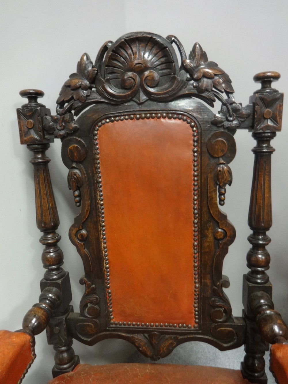 Good Pair Leather Covered Oak Throne Carver Chairs View III