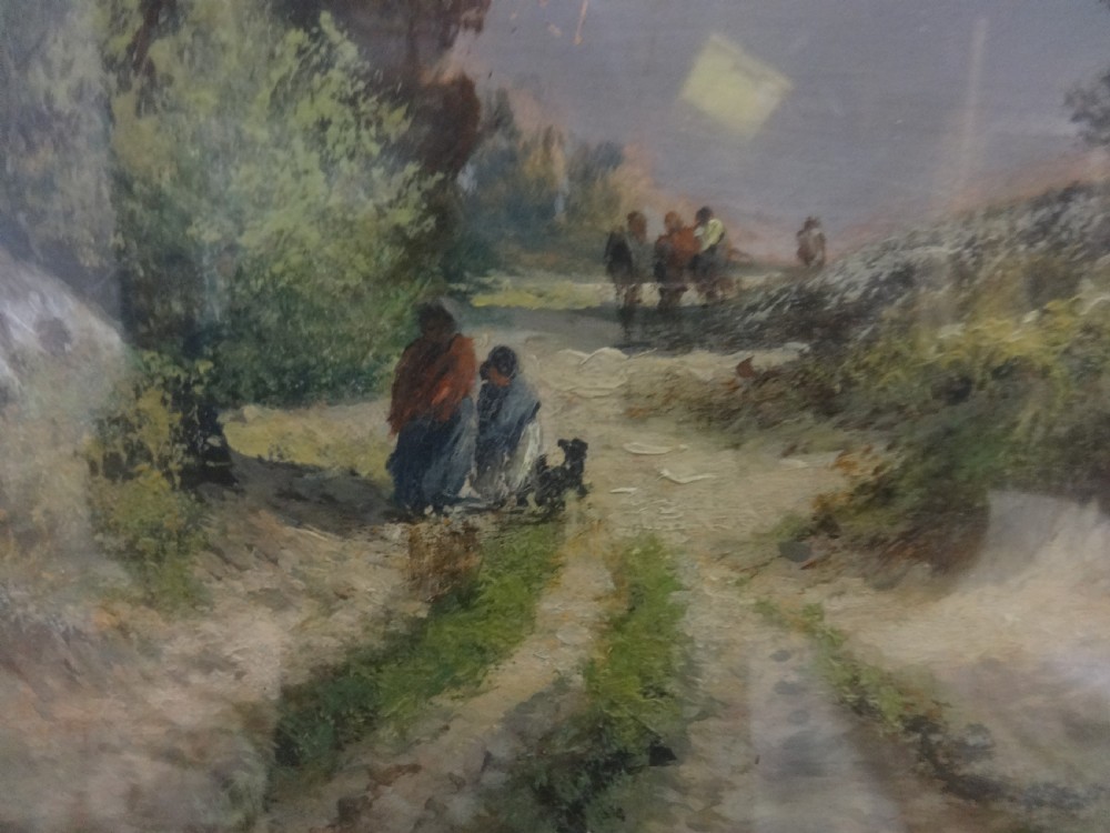 A Victorian landscape oil painting depicting figures on a dirt path through a rural countryside scene, framed in an ornate gilded frame. View II