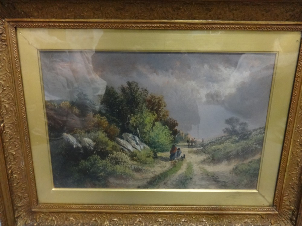 A Victorian landscape oil painting depicting figures on a dirt path through a rural countryside scene, framed in an ornate gilded frame. View III