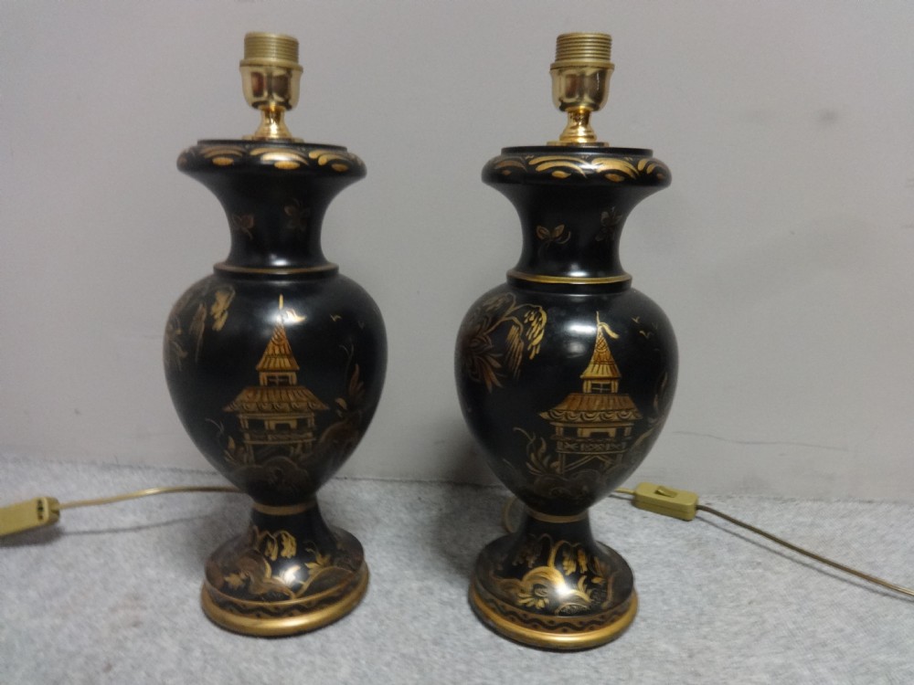 Good Pair Laquered and Wood Table Lamps