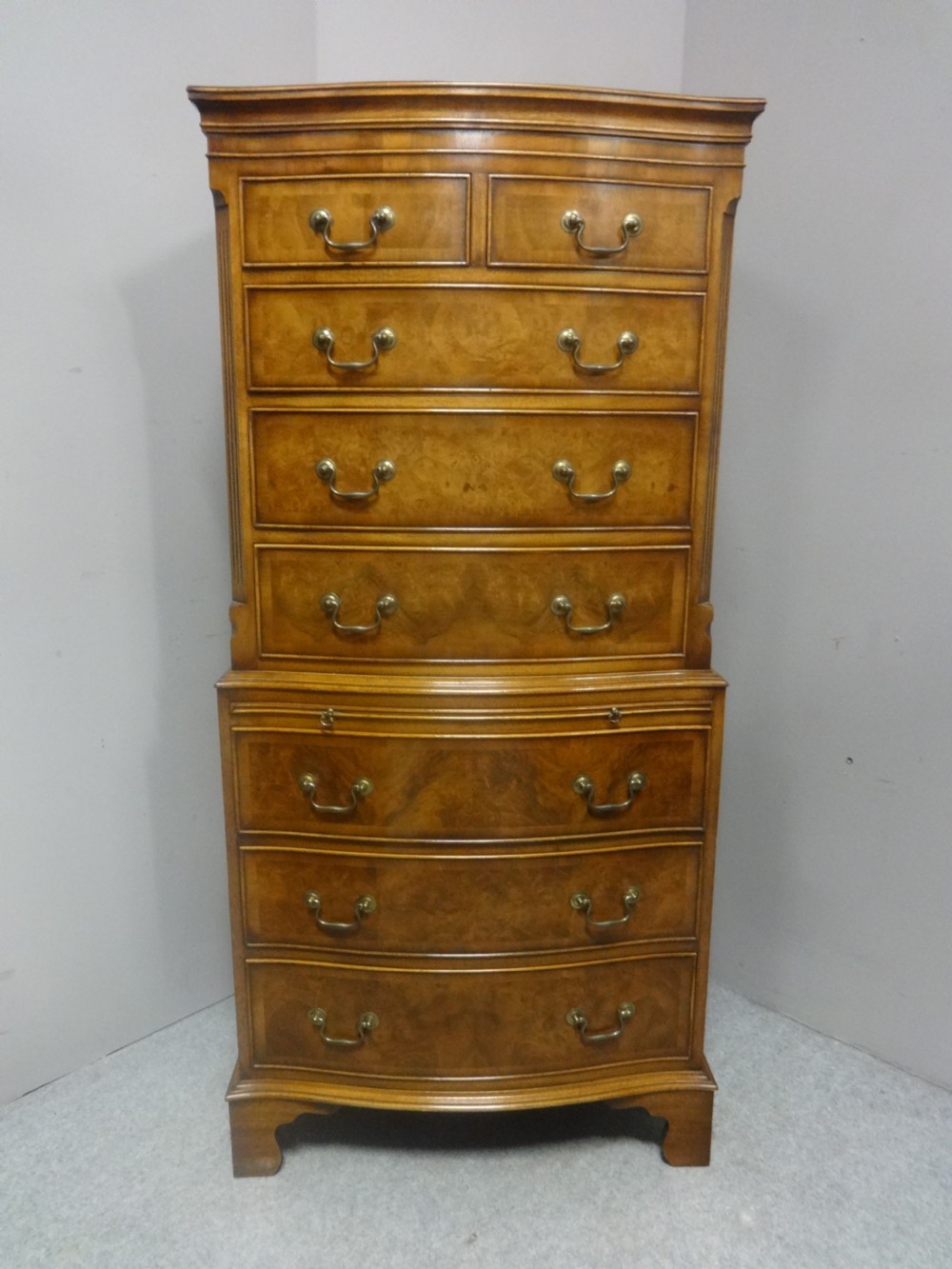  Serpentine Burr Walnut Chest on Chest of Drawers