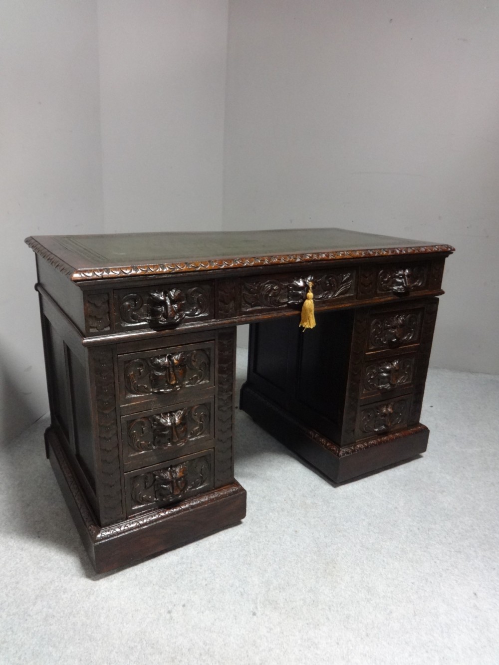 Solid Oak Green Man Carved Oak Pedestal Desk View II