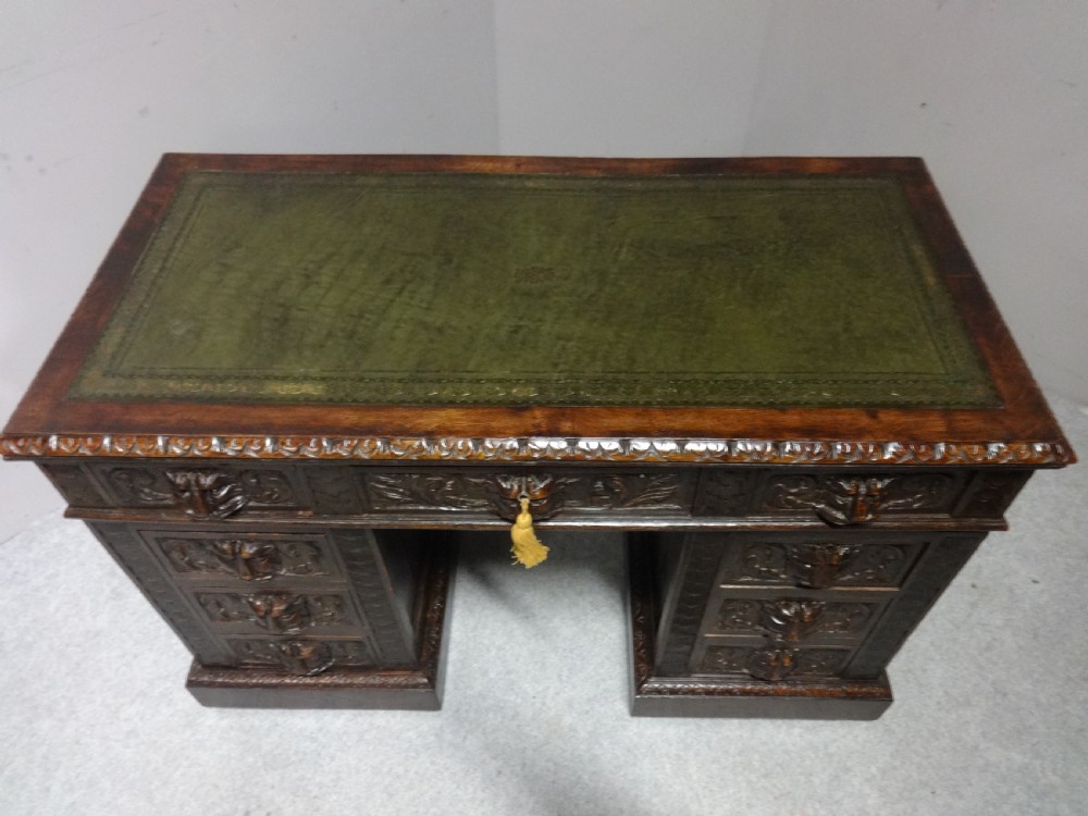 Solid Oak Green Man Carved Oak Pedestal Desk View III