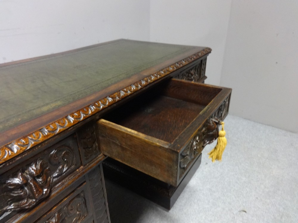 Solid Oak Green Man Carved Oak Pedestal Desk View VI