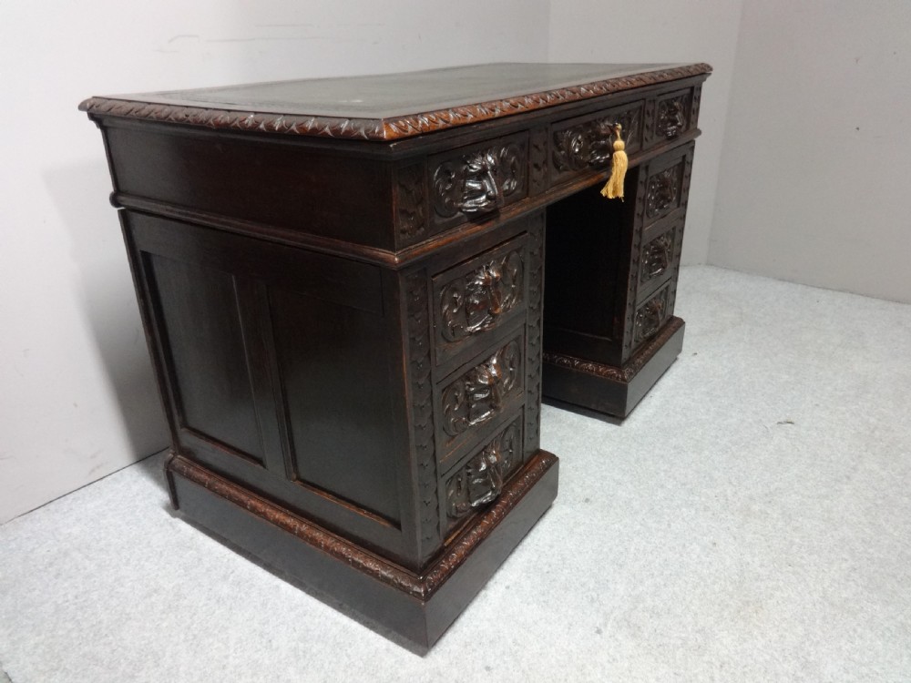 Solid Oak Green Man Carved Oak Pedestal Desk View VIII