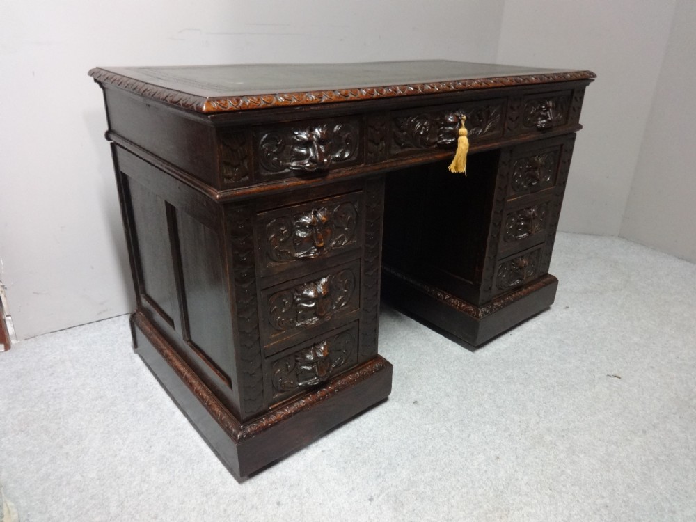 Solid Oak Green Man Carved Oak Pedestal Desk View IX