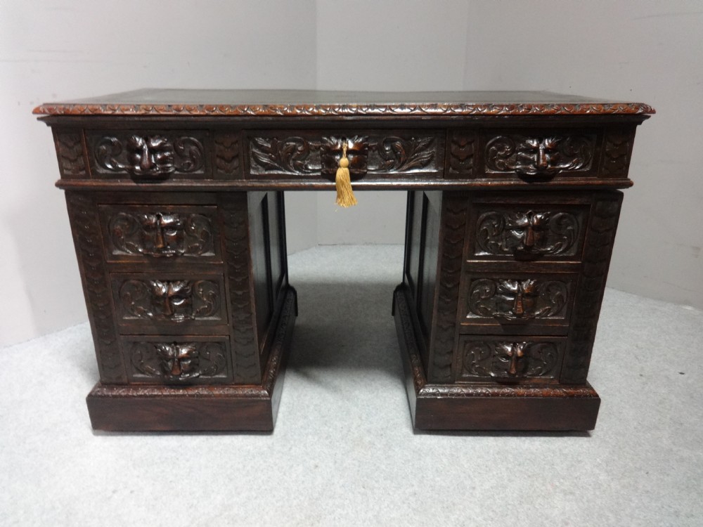 Solid Oak Green Man Carved Oak Pedestal Desk