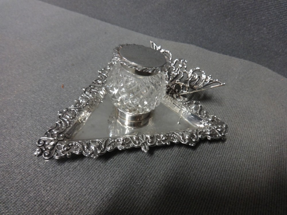 Excellent Victorian Silver Inkwell and Stand Chester 1895