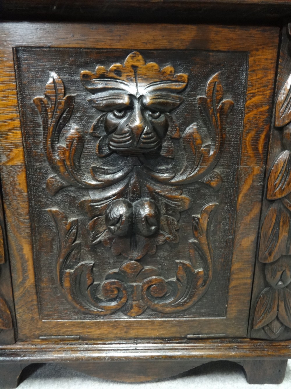 Victorian Green Man Carved Oak Coal Bin View V