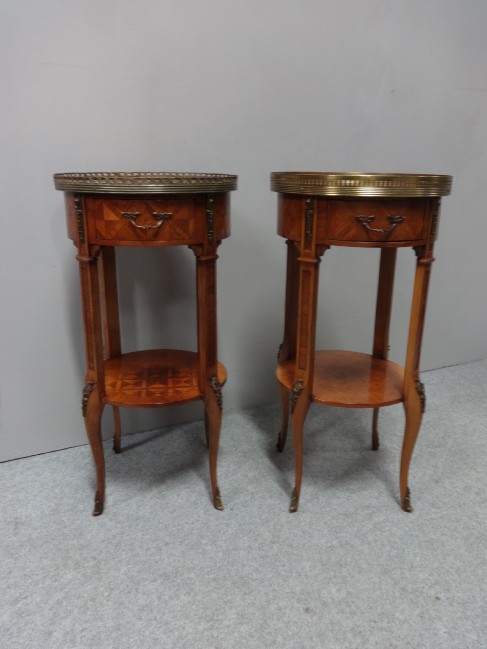 Pair French Tulipwood Parquetry Bedside Lamp Tables
