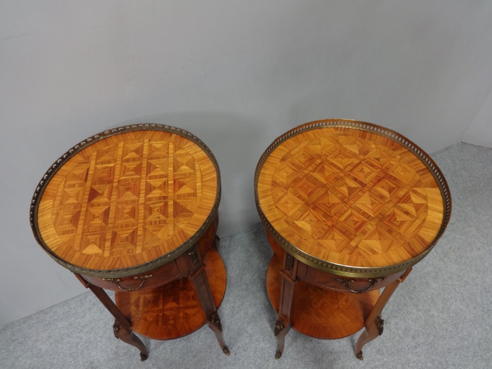 Pair French Tulipwood Parquetry Bedside Lamp Tables View II