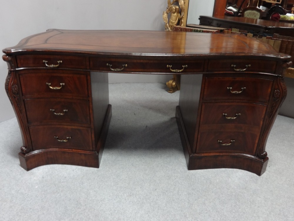 Impressive Double Pedestal Serpentine  Mahogany Partners Desk View XI