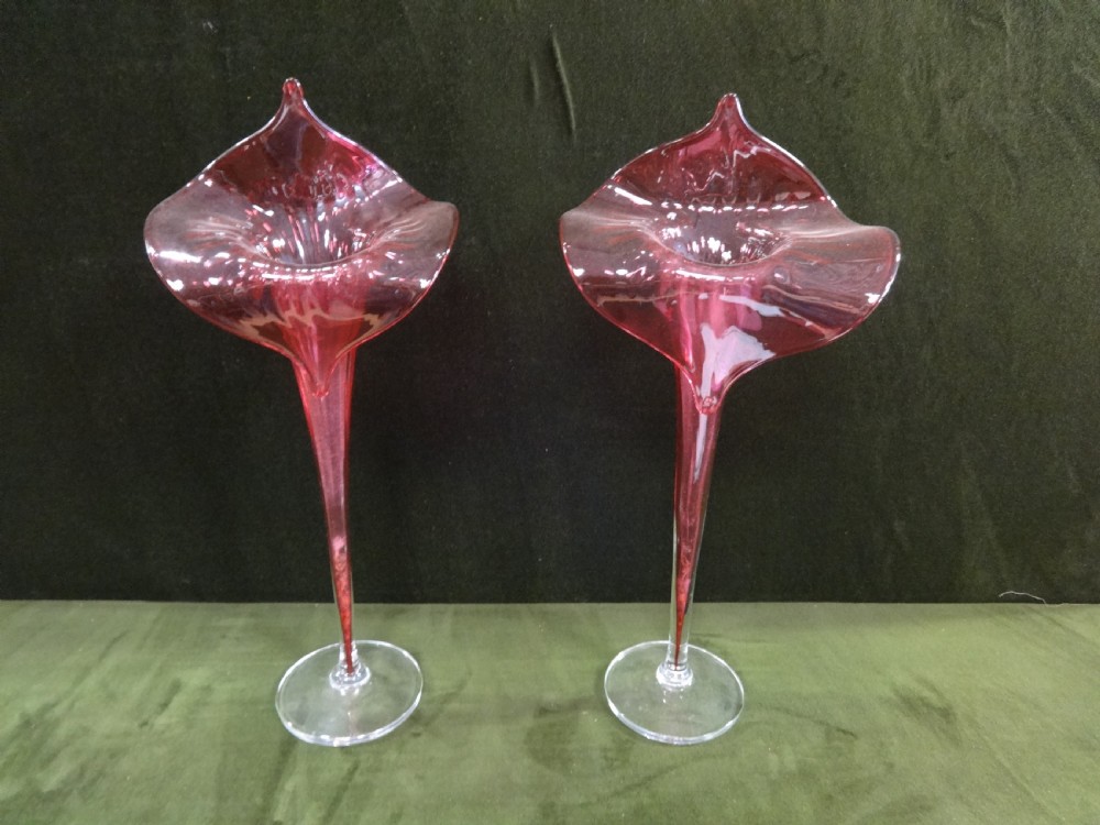Large Pair Victorian Cranberry Lilly Vases