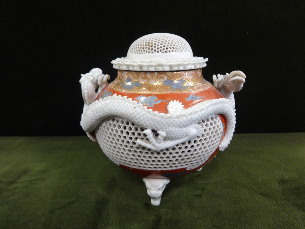 Superb Reticulated Japanese Satsuma Vase and Cover
