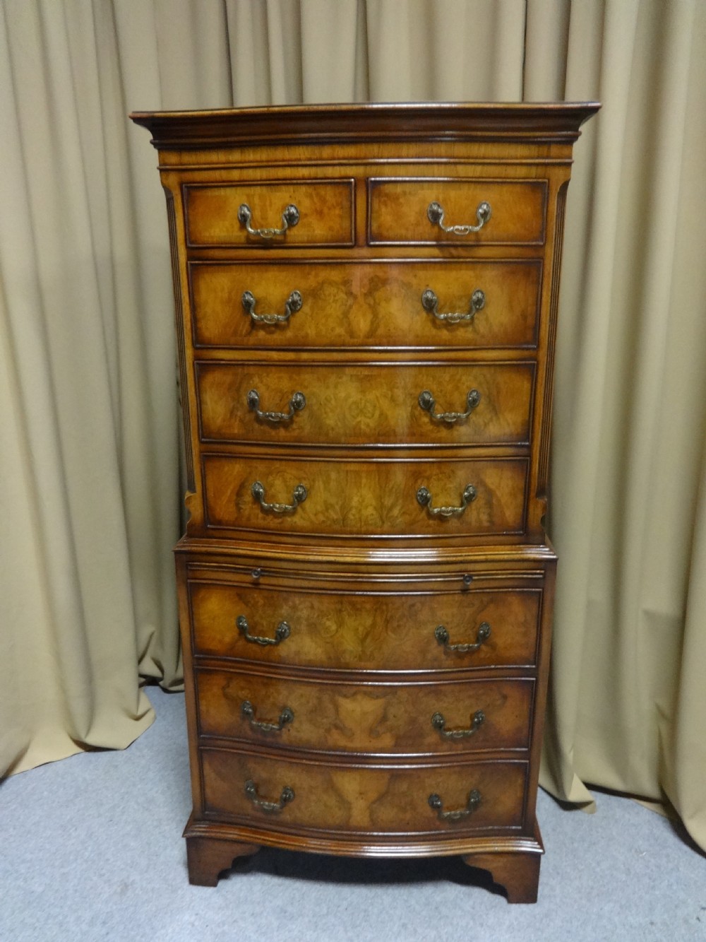 Serpentine Burr Walnut Chest on Chest of Drawers