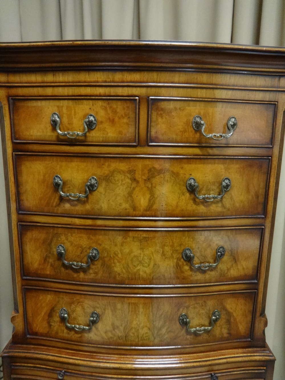 Serpentine Burr Walnut Chest on Chest of Drawers View II