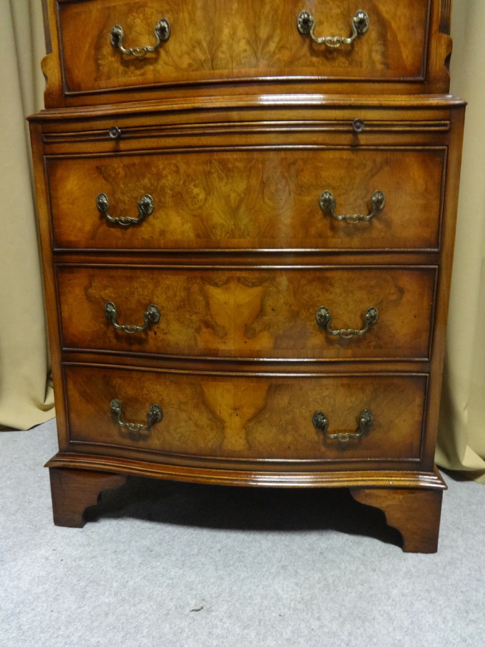 Serpentine Burr Walnut Chest on Chest of Drawers View III