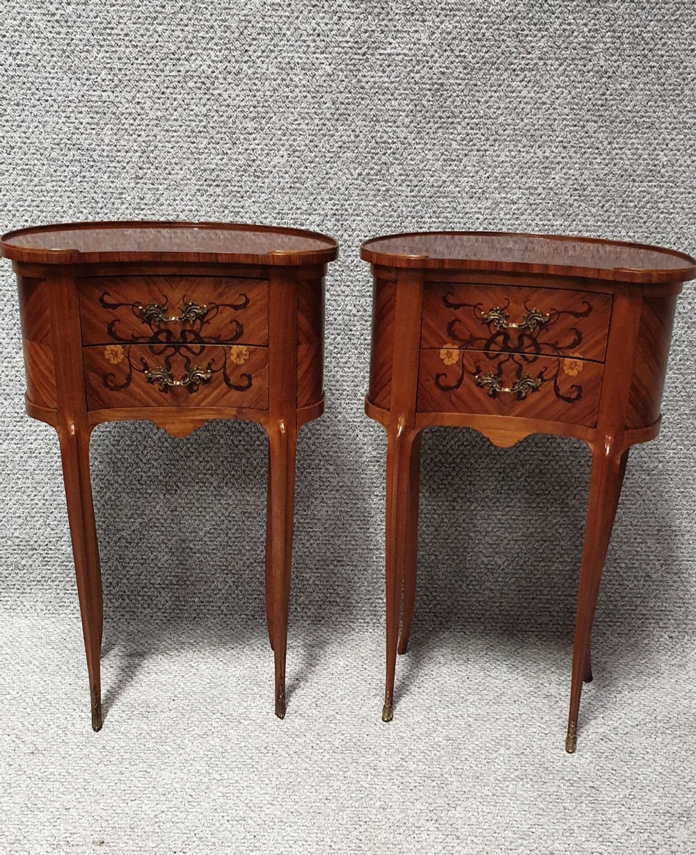 Pair French Marquetry Bedside Lamp Chests