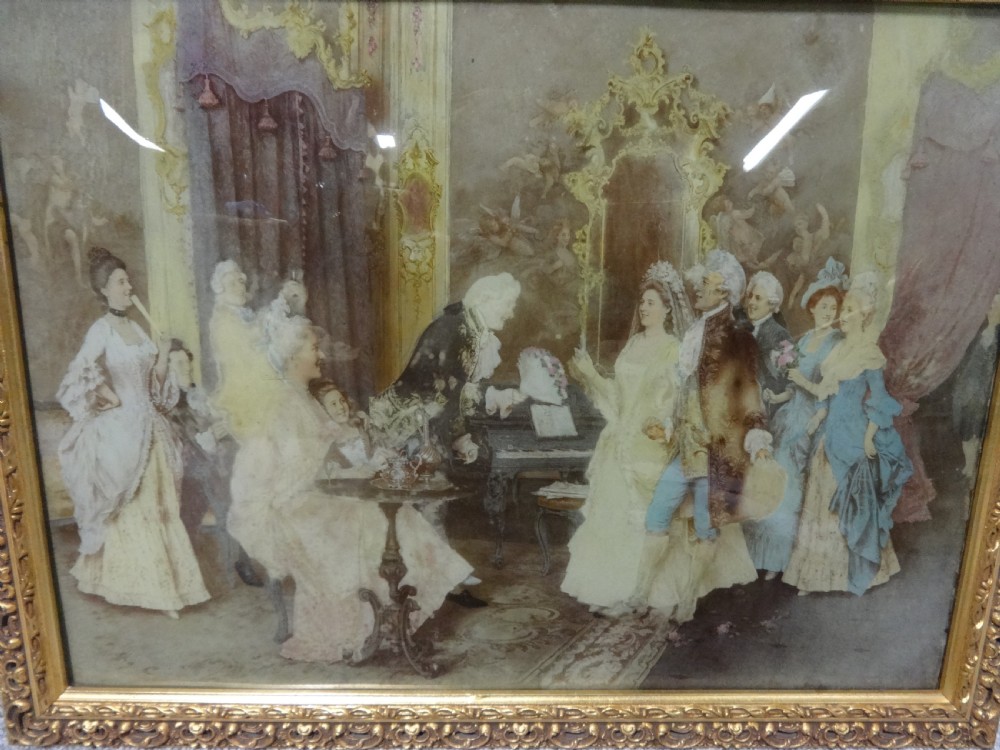 An antique French crystoleum depicting an 18th-century court gathering, housed in an ornate carved gilt frame. View II
