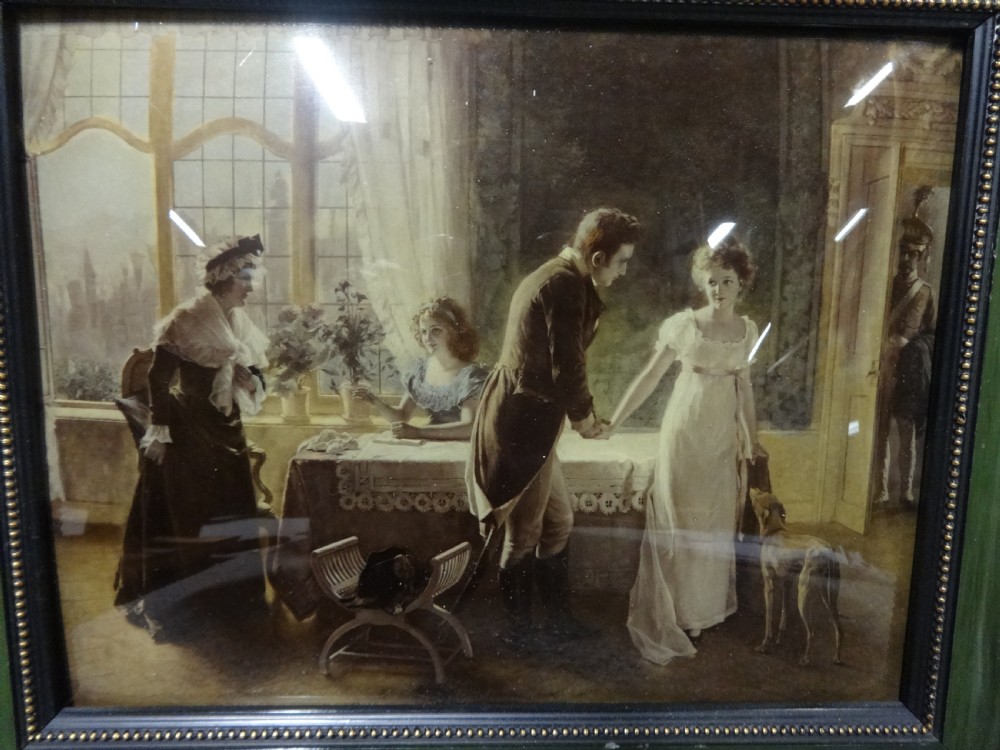 A 19th-century framed chrystoleum print depicting a courtship scene inside a Regency-style interior, set within a dark green and gilt beaded wooden frame. View II