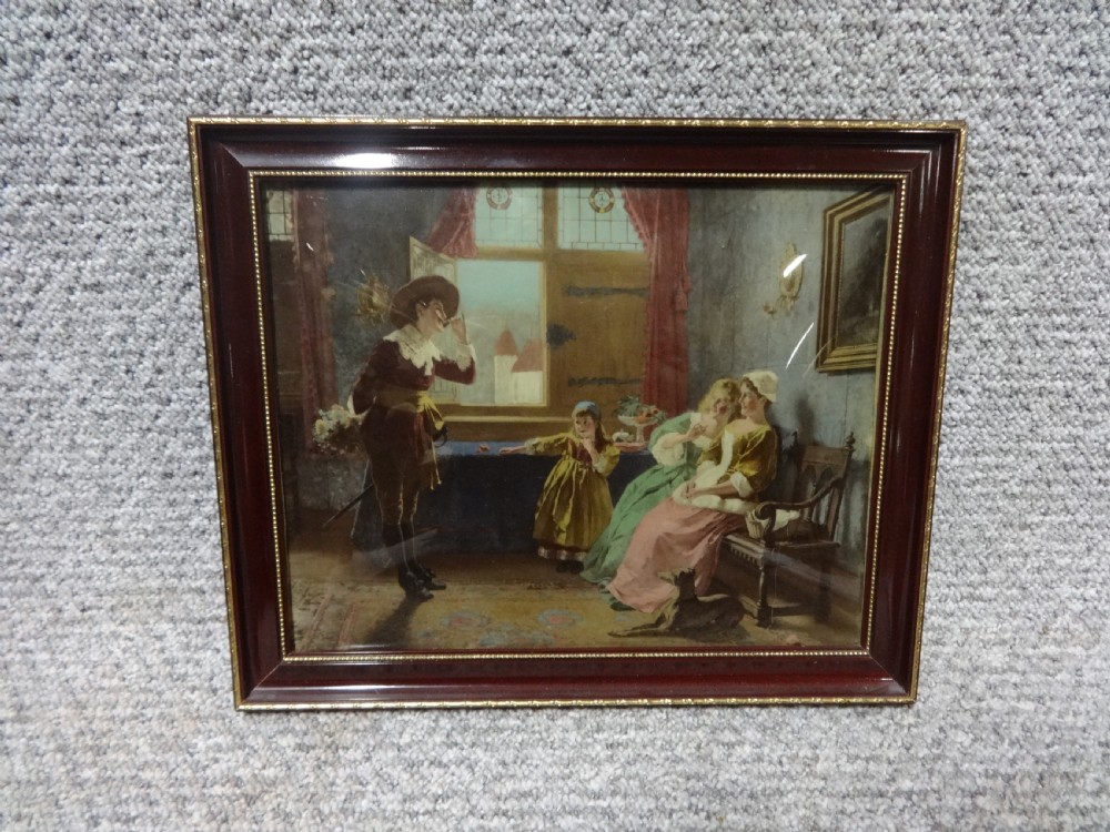 A framed 19th-century chrystoleum print depicting a Continental interior genre scene with figures in historical costume, set within a dark red and gold moulding frame.
