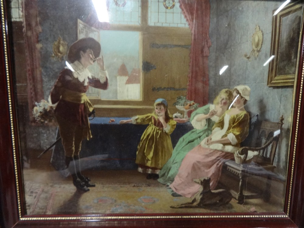 A framed 19th-century chrystoleum print depicting a Continental interior genre scene with figures in historical costume, set within a dark red and gold moulding frame. View II