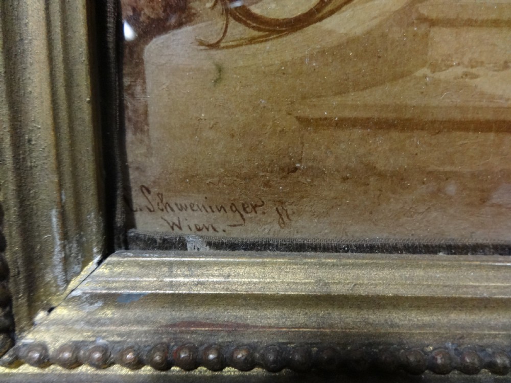 A 19th-century chrystoleum print on convex glass depicting an interior genre scene with figures in classical dress inside an ornate gilt frame. View III