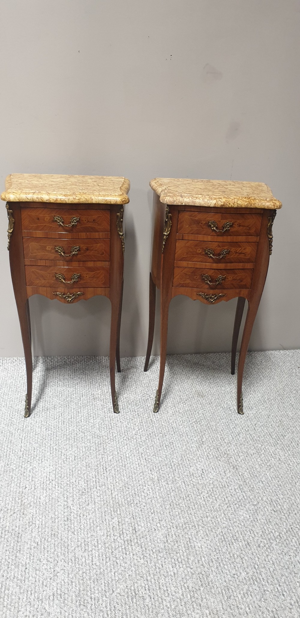 Pair French Marquetry Beside Chests of Drawers 