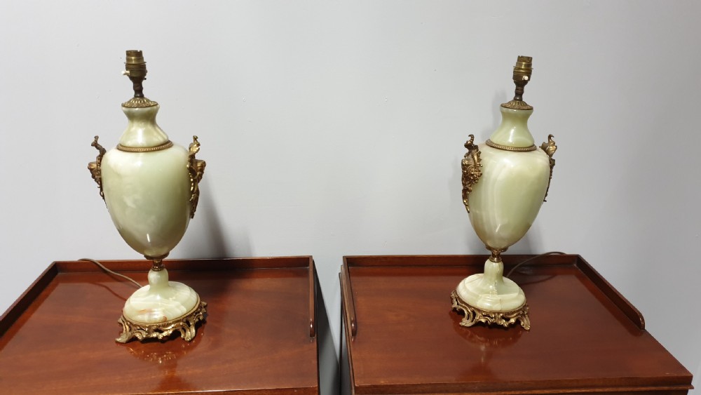 Wonderful Pair of Large Onyx and Ormolu Lamps