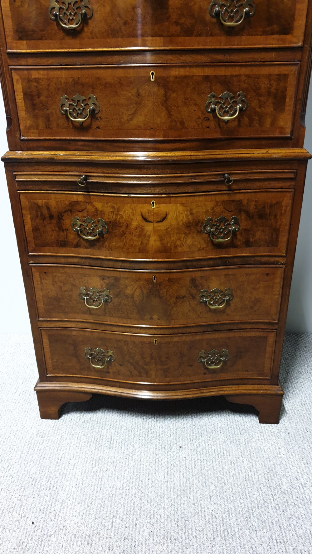 Burr Walnut Chest on Chest of Drawers View II